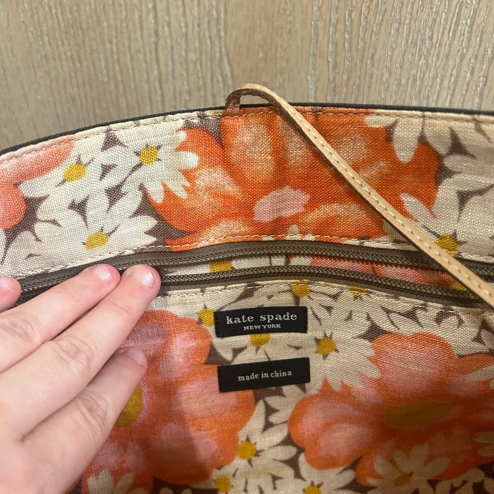 Kate Spade Linen Canvas Tote Bag Monogram Black Tan Travel Shoulder Floral Lined
